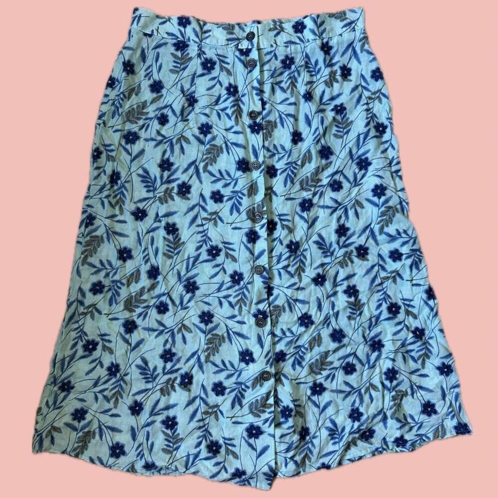 🧡 2 for 10$ Vintage Floral Midi Skirt – Viscose Linen Blend, Button Front